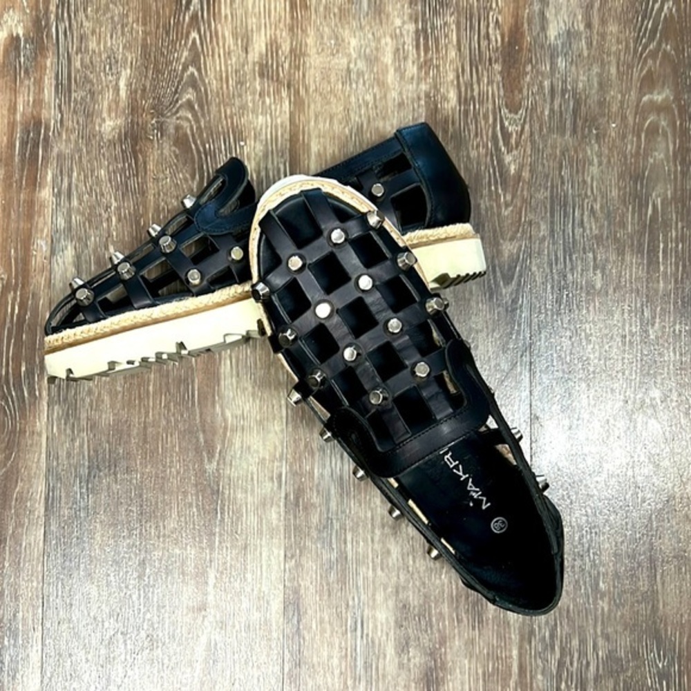 NWOB MAKRIS 38 Studded Gladiator slip ons, Black & silver 7.5
